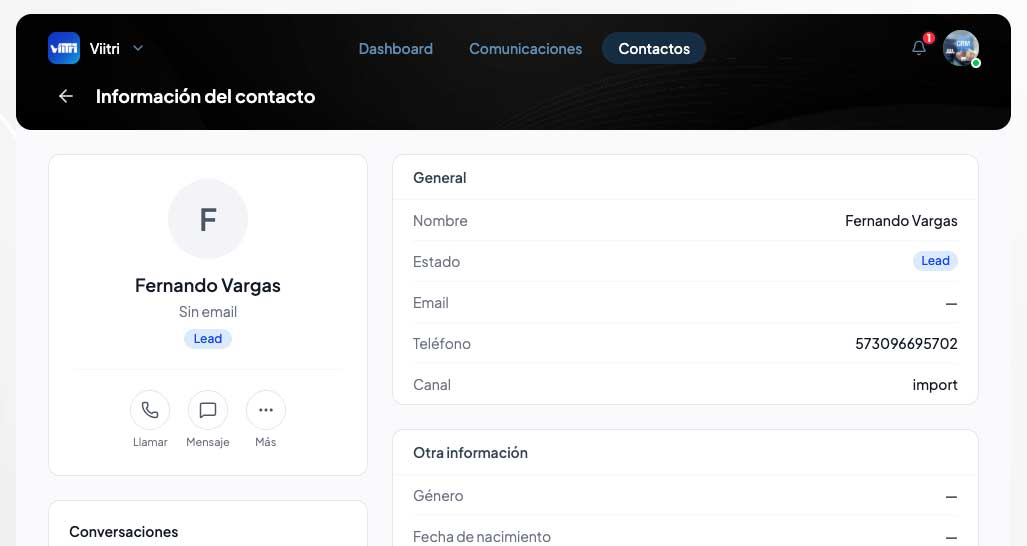 Ficha de contacto con timeline unificado